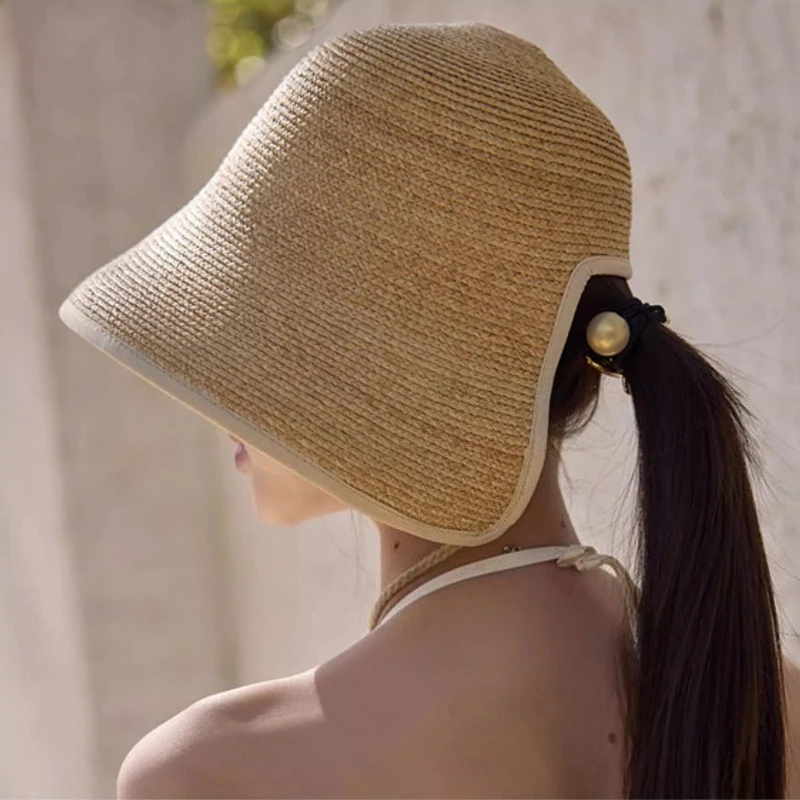 

USPOP French Style Raffia Straw Sun Hat – Wide Brim Summer Hat with Adjustable Chin Strap and Back Opening