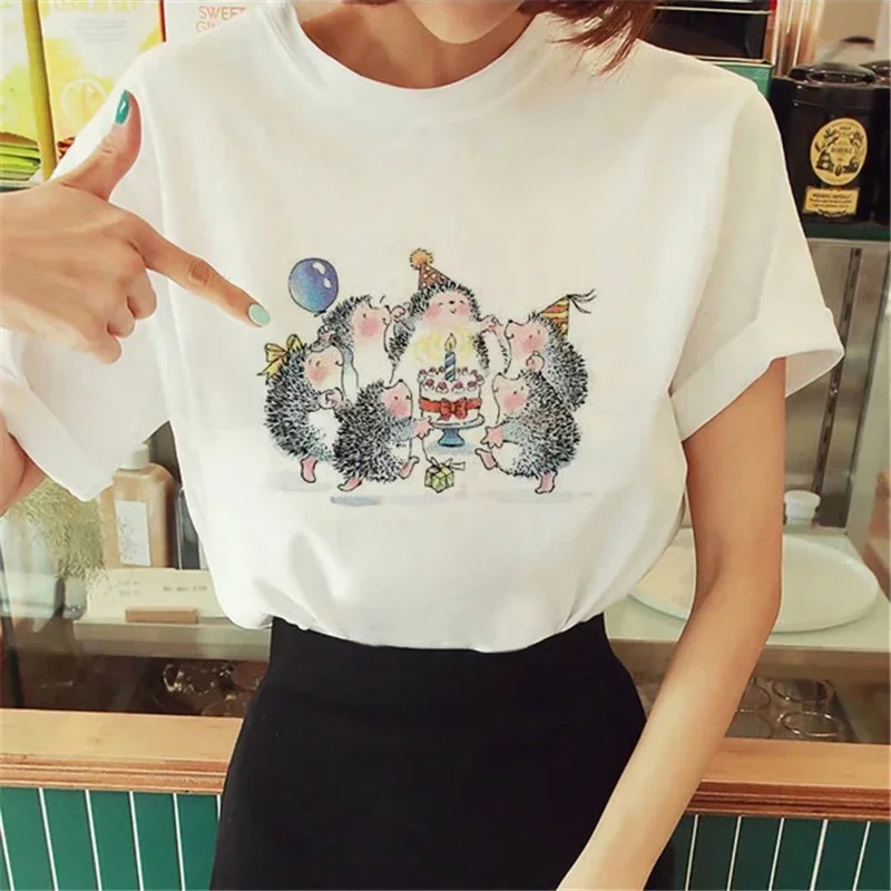 Cute Women T Shirt 2024 Cartoon Hedgehog Print Tops Tshirt femme Graphics Korean Fashion Harajuku Streetwear Ladies Tee shirt