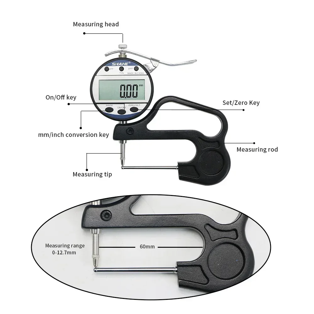 Shahe 0-10 mm Digital Tube Thickness Gauge Electronic Thickness Meter Thickness Tester