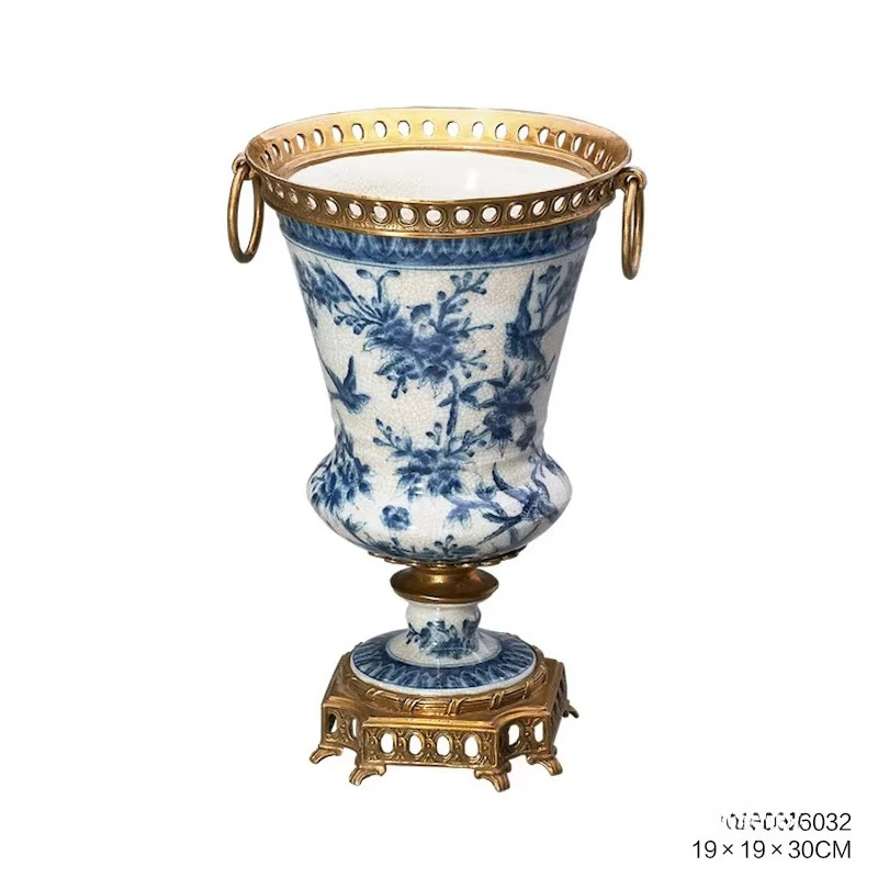 مزهرية ملونة من البورسلين الأزرق والأبيض العتيق، وإكسسوارات منزلية نحاسية #5