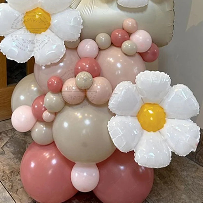48pcs Fresh white daisy flower milk white aluminum film digital balloon column retro pink latex ball children\'s birthday giftset