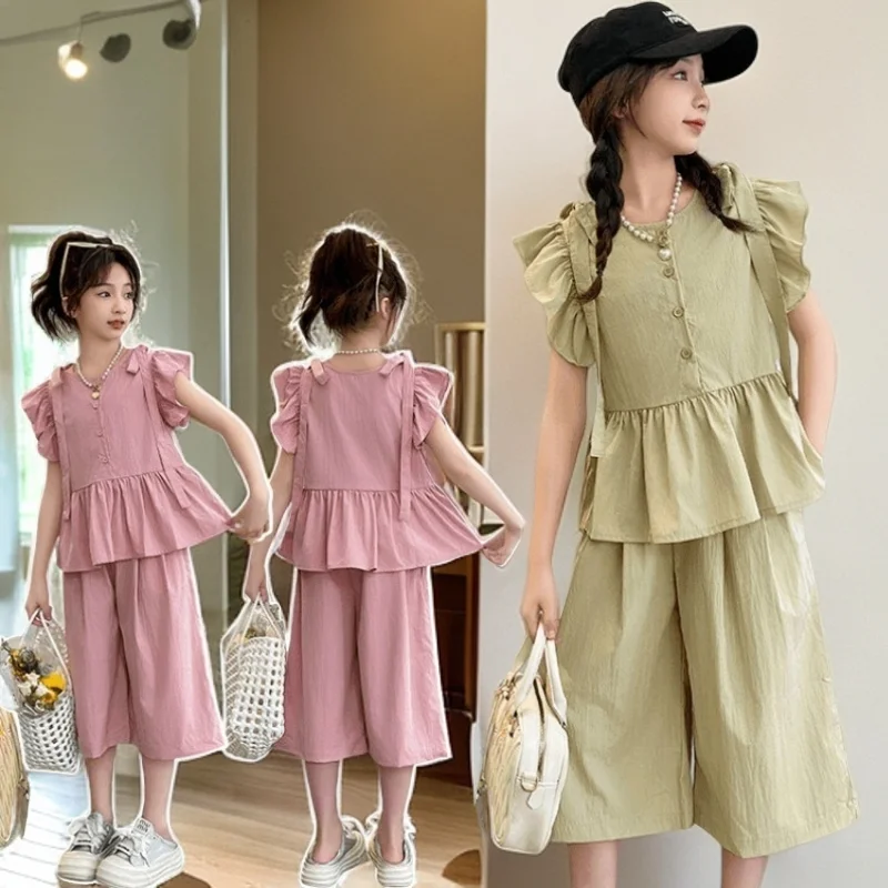 

Big Girl Summer Sets Children Sleeveless Blouse+Wide Leg Pants 2Pcs Outfits Teenager Loose Solid Set New Kids Casual Clothing 4T