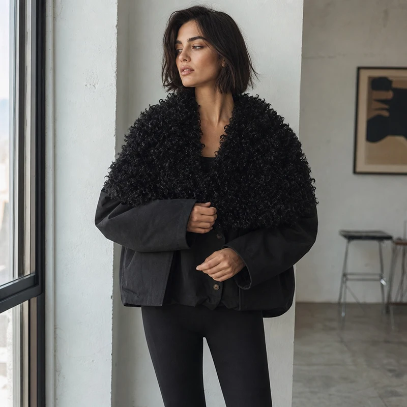Women Vintage Cropped Coat Big Curly Faux Lamb Fur Shawl Collar Button Up Functional Cargo Pocket Casual Street Fashion Jacket