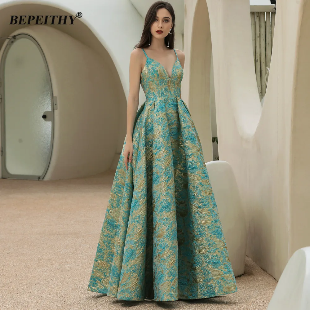 BEPEITHY Customized Jacquard A-Line Prom Dress 2023 Party Dresses Luxury Sexy V-Neck Evening Dress Lace-Up Back Without Panel