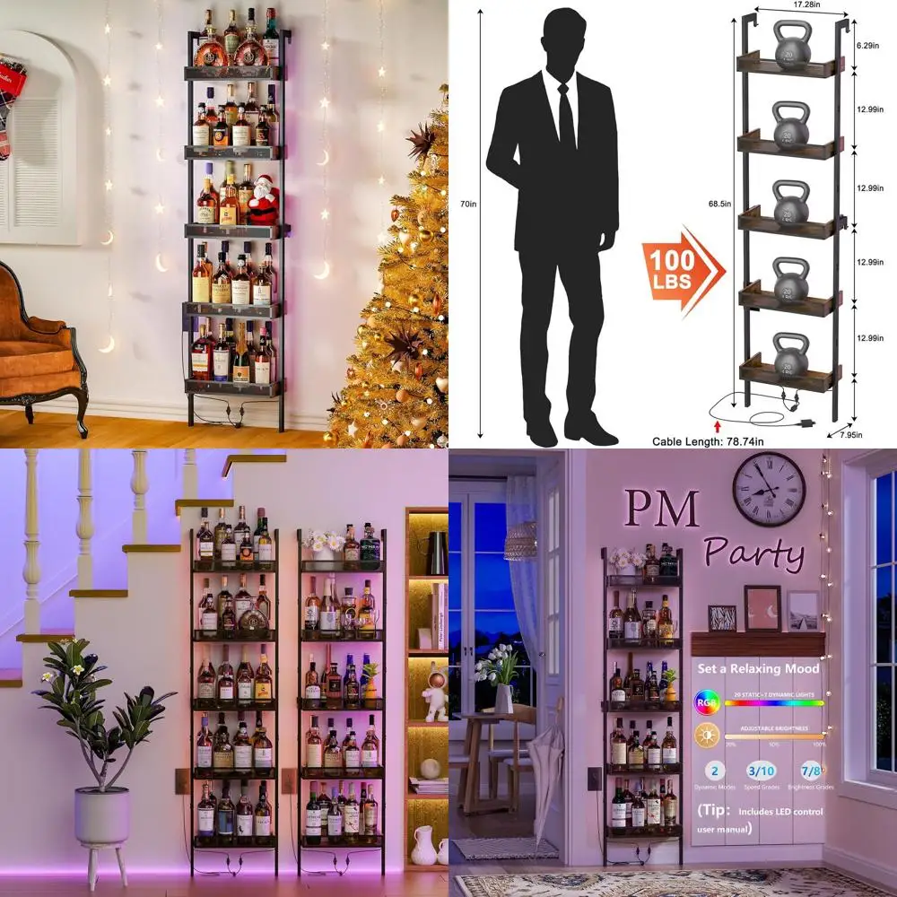 Wine Rack de pared para 50 botellas con vallas, luces LED, ideal para cocina, comedor y bar, 17,28 L x 7,95 L x 68,5 H