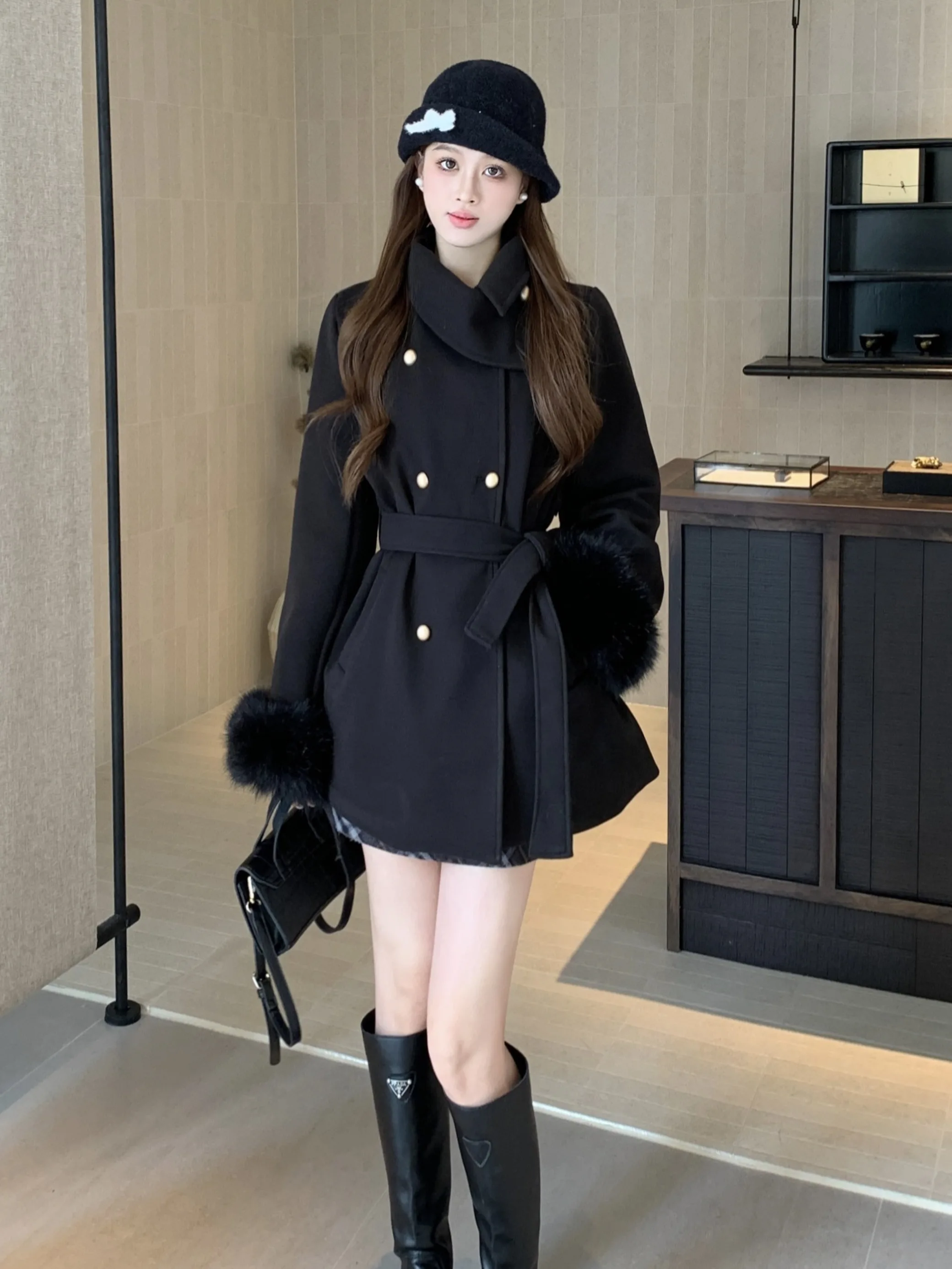 

plus Size Winter Woolen Coat Loose Fit Slimming Design Waist-Cinching Korean Style Commute Long Sleeve Color Outerwear