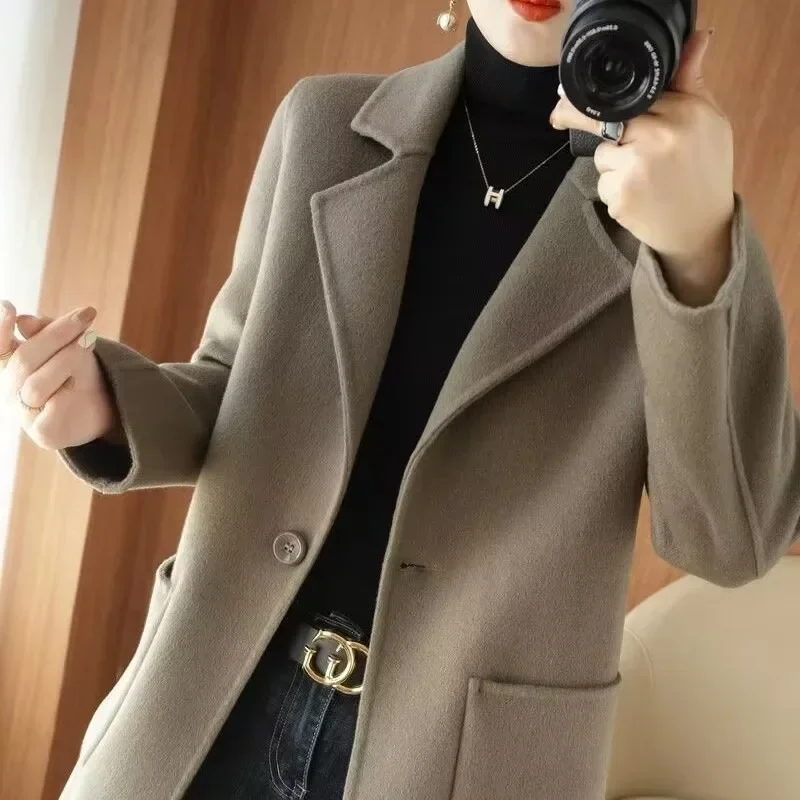 Elegant Women Reversible Cashmere Coat Female Fashion Slim Fit Mid-Length Woolen Outwear One Button Casual Solid Color Outcoat