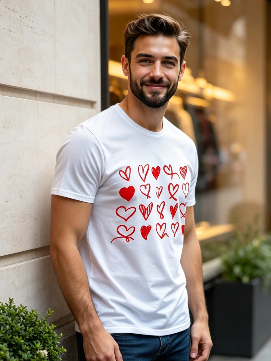 White Short Sleeved t-Shirt For Men, Red Hand-Painted Heart Print Round Neck Casual Top, European And American Daily Versatile H