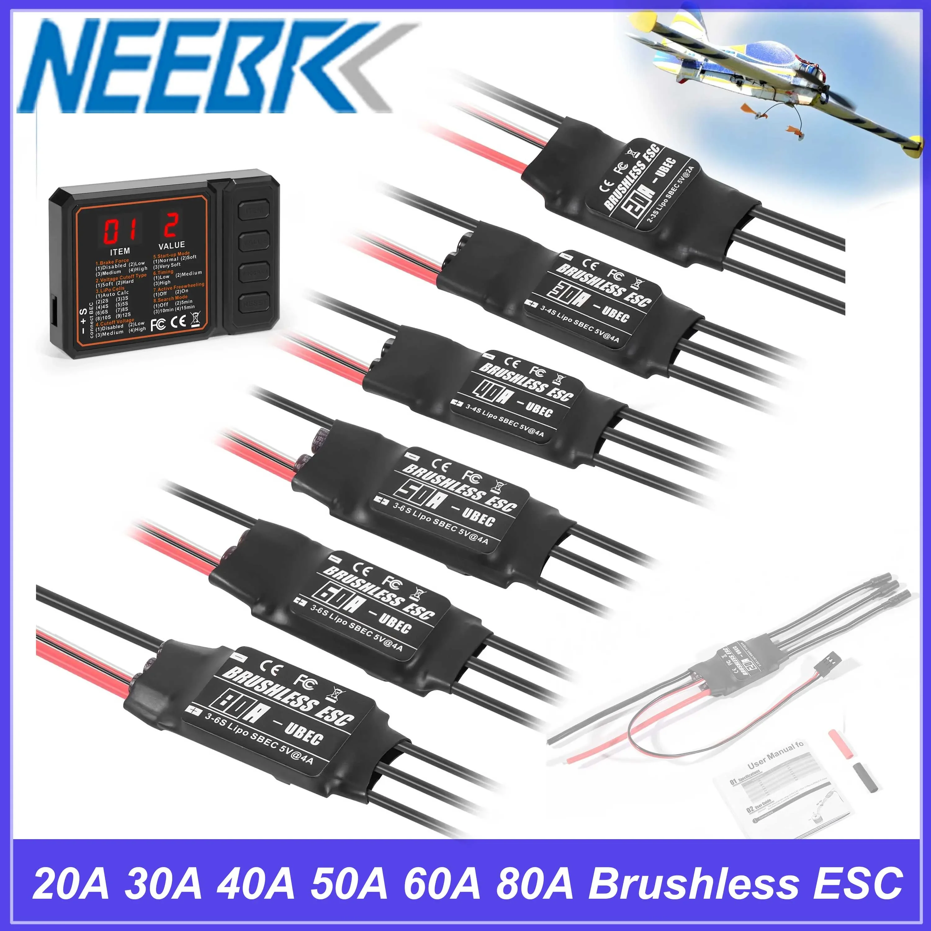 NEEBRC 20A 30A 40A 50A 60A 80A Brushless ESC UBEC 2-6S Speed Controller Program Card for RC Fixed-wing Drone Helicopter Airplane