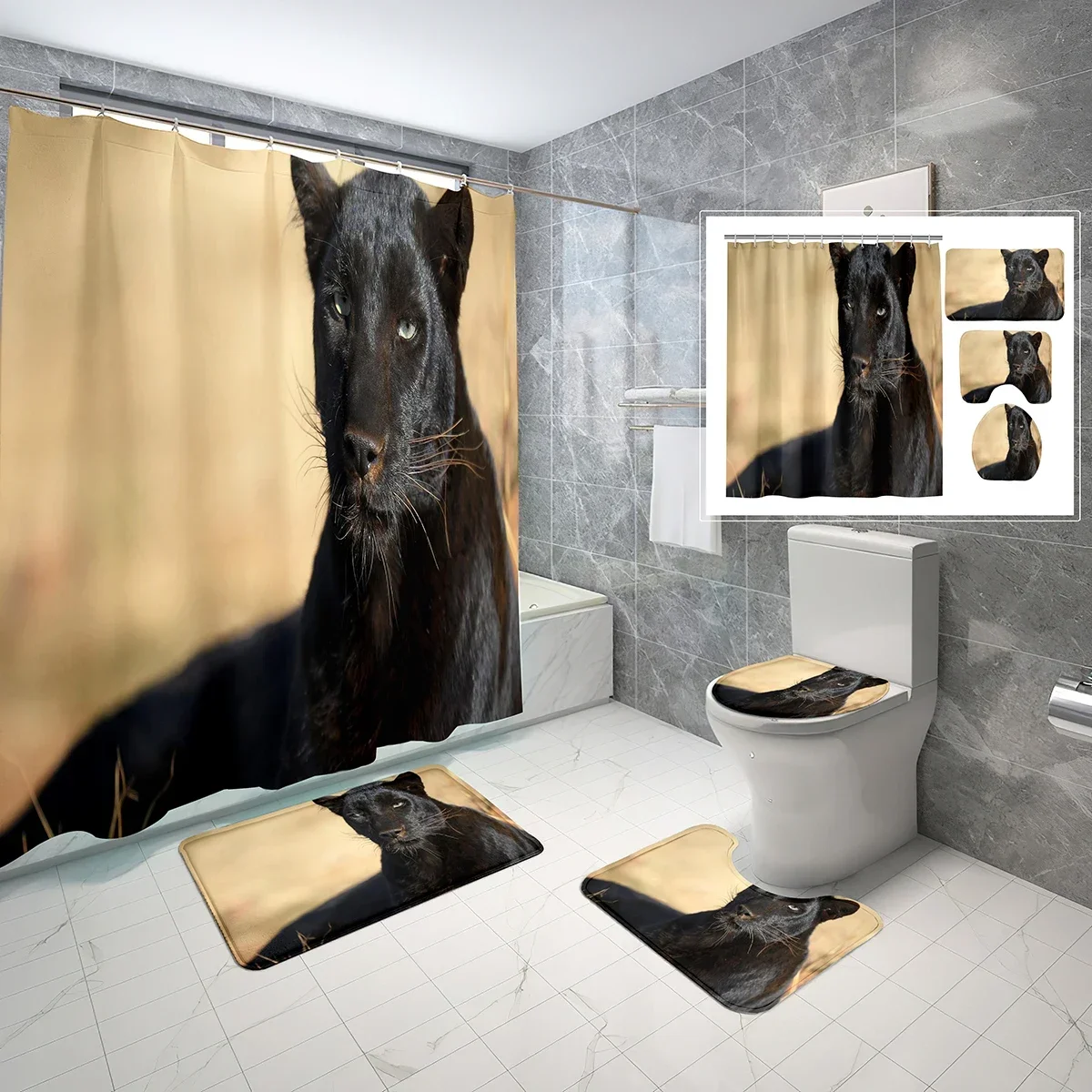 

4 Pcs Black Panther Shower Curtain Sets Tropical Jungle Big Cat Non-Slip Bath Mat Toilet Cover Waterproof Shower Curtain Set