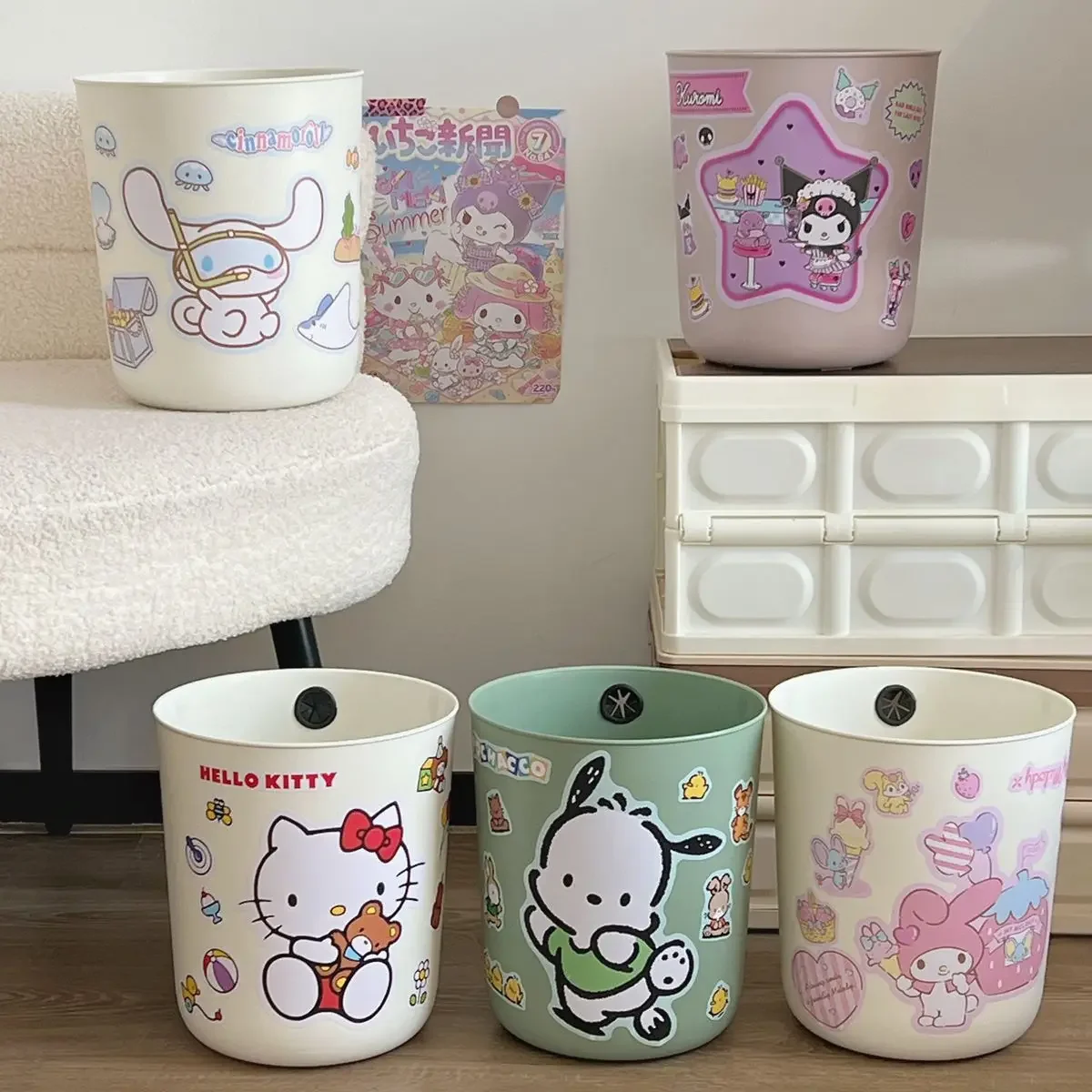 

Sanrio Kawaii Hello Kitty Trash Can My Melody Kuromi Anime Cartoon High-looking Ins Style Bedroom Bathroom Paper Storage Basket