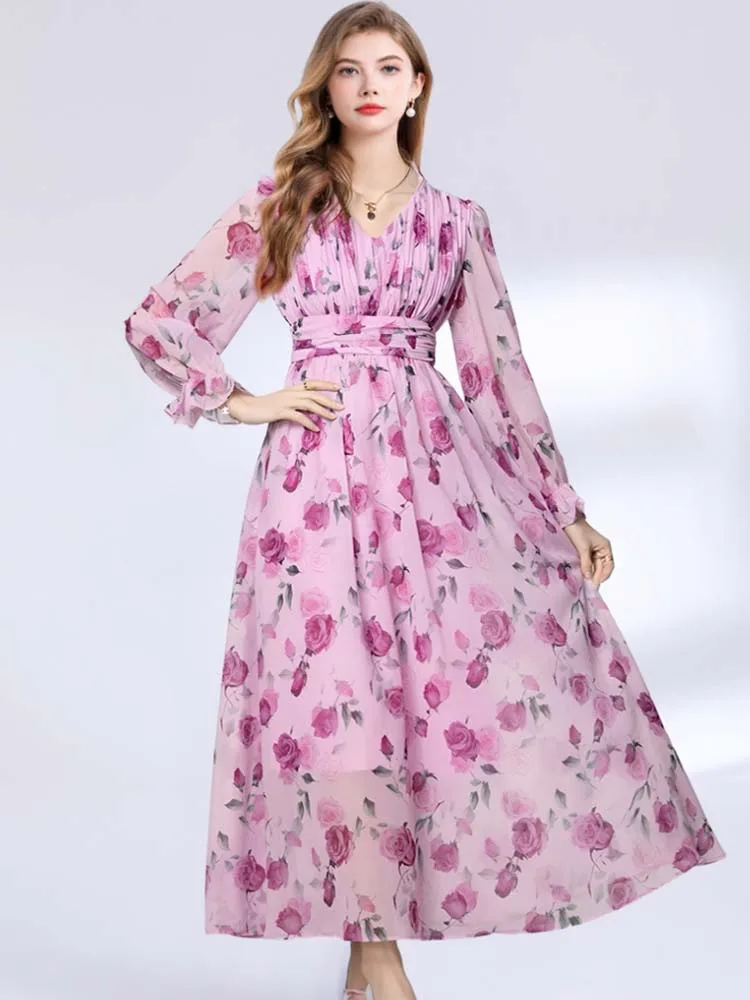

Vintage Temperament Floral Print Chiffon Long Dress For Women Fashion V-Neck Long Sleeve High Waist Casual Holiday Dress Female