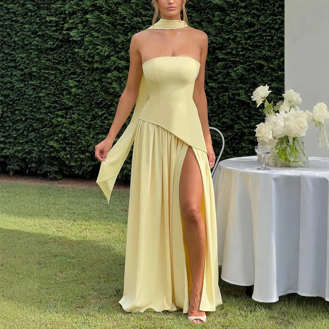 

Pleated Strapless Split Maxi Dress Sexy Women's Sleeveless Backless Hanging Neck Ribbon Vestidos 2025 Summer Banquet Party Robe
