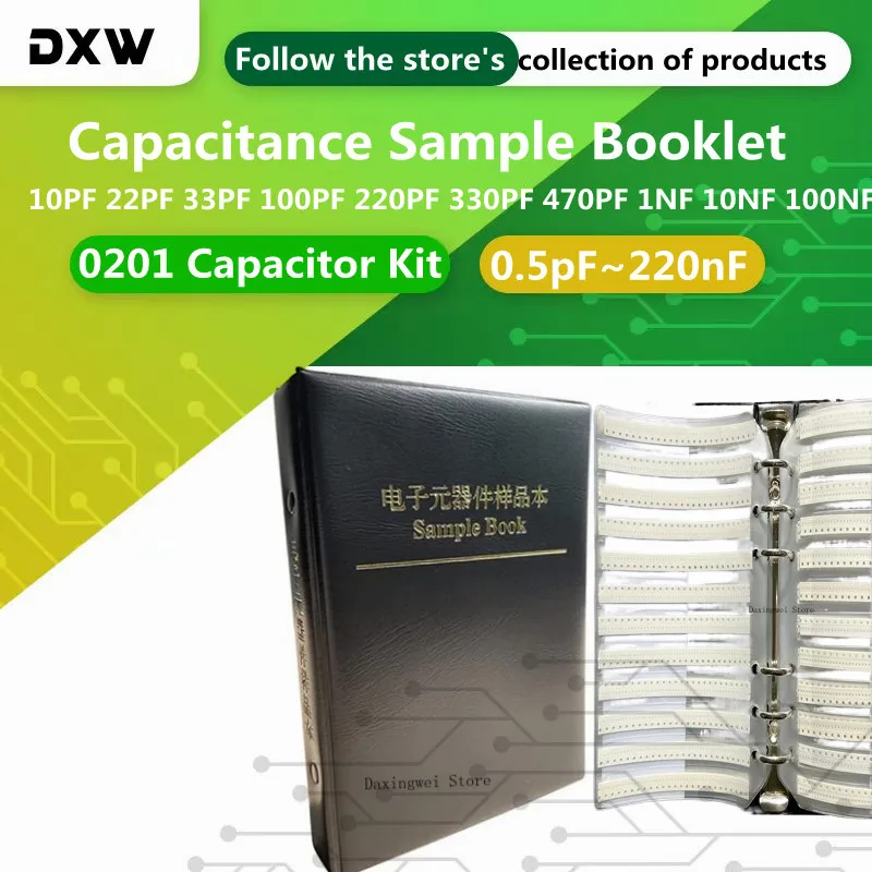 

2550pcs/Lot 0201 Capacitor Kit 0.5pF~220nF Capacitance Sample Booklet 10PF 22PF 33PF 100PF 220PF 330PF 470PF 1NF 10NF 100NF