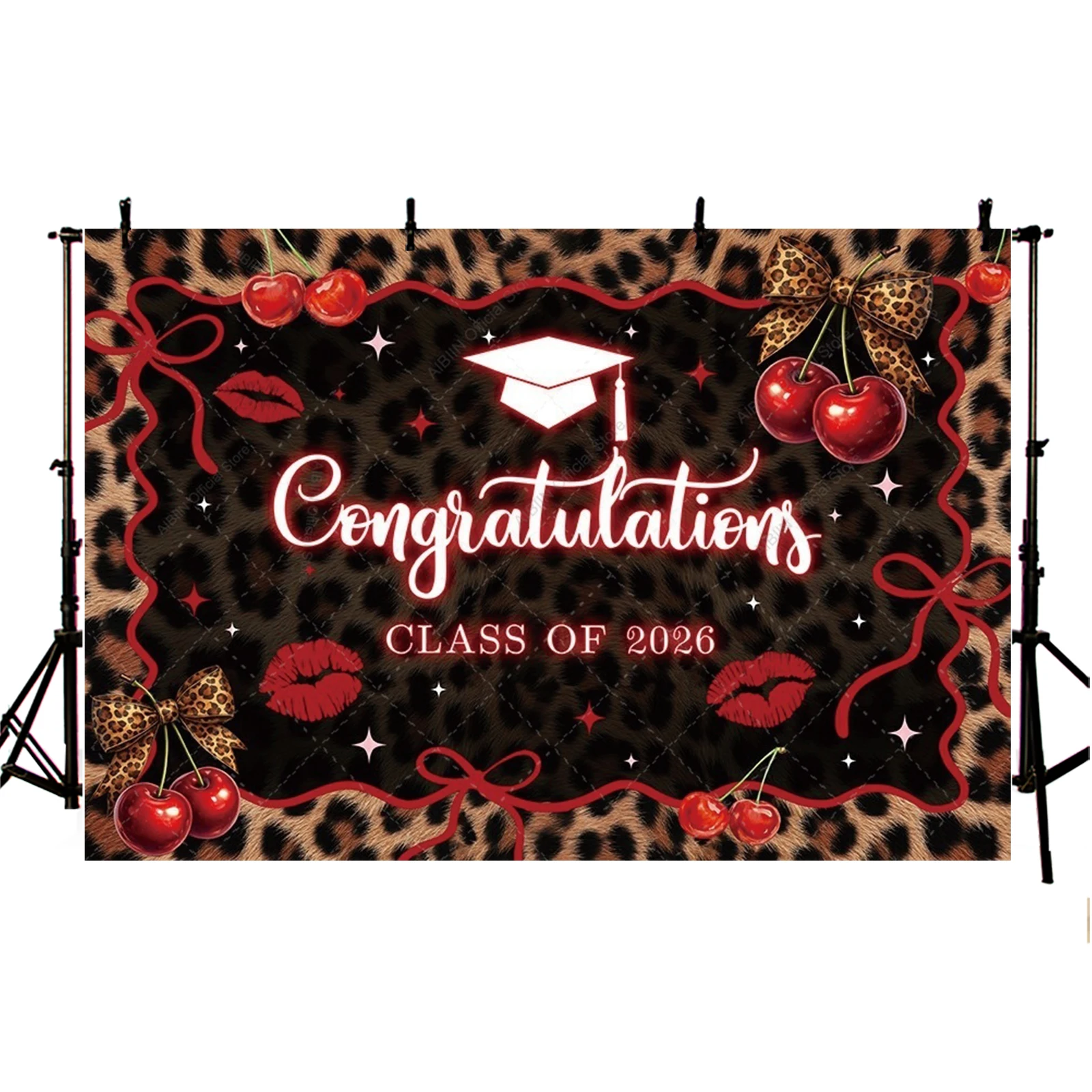 Cheetah Congratulations Class of 2026 Backdrop Leopard Cherry Kiss Bow Girl Graduation Prom Party Decor Portrait Background