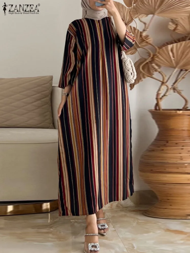 

2024 ZANZEA Vintage Stripe Printed Muslim Abaya Dress Islamic Robe Women Bohemian Casual Long Sleve Vestidos Elegant Sundress