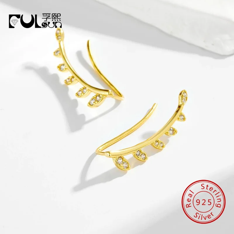 925 Sterling Silver 14K Gold Plated Leaf Branch CZ Ear Crawler Climber Earrings Women Minimalist Daily Fine Jewelry