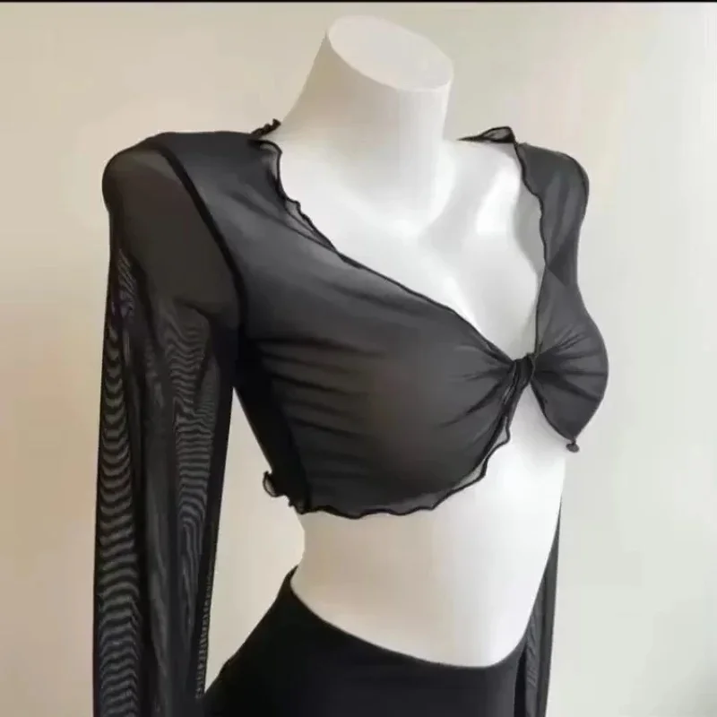 Modern Latin Ballet Leotard Elastic Mesh Lace Crop Top White Black Gray Ruffles Design Dancewear Y2k White Black Pink Cardigan