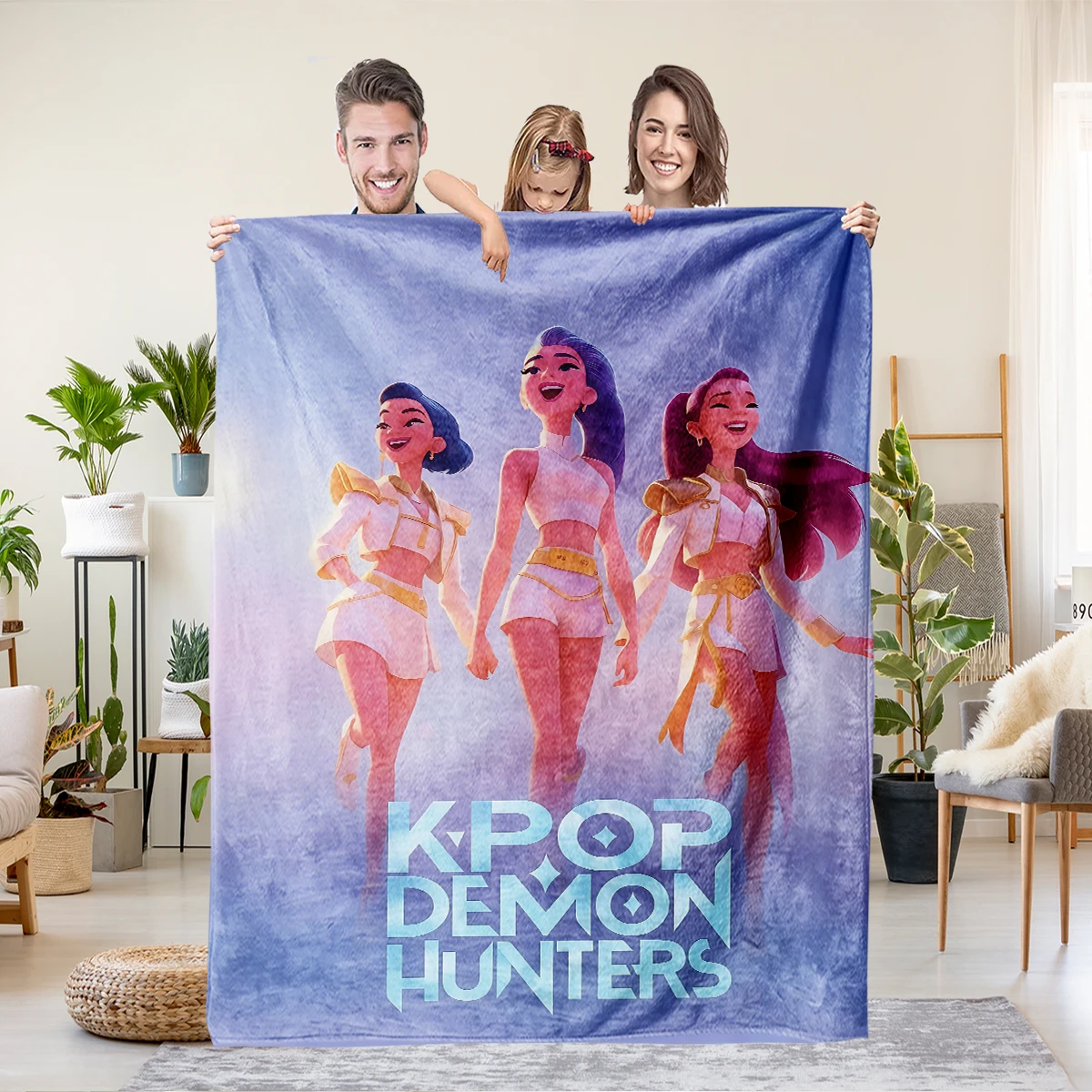 1pc K-Pop Demon Hunters print flannel blanket multiple sizes soft and comfortable for lunch break and leisure. Machine washable