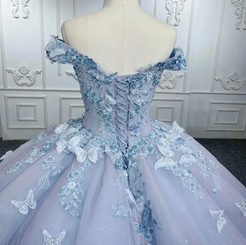 레이스 꽃 블루 볼 가운 15 세 Quinceanera 드레스 공주 맞춤형 파티 드레스 오프 어깨 Vestidos De Fiesta