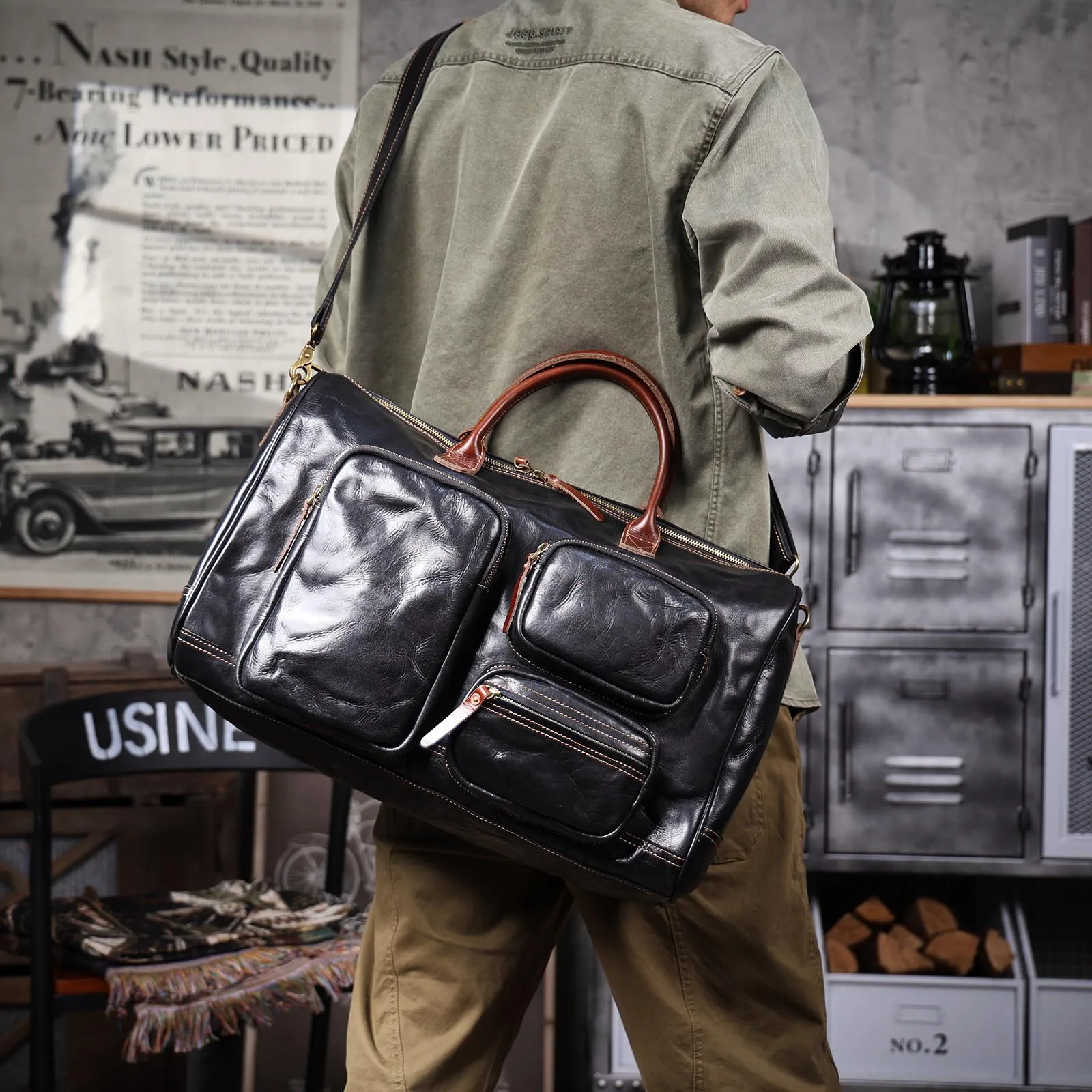 S.WORKER Vintage Echtleder-Reisetasche Italienische Rindsleder-Reisetasche Herren-Weekender-Tasche Sporttasche Handgepäck – Detail 6