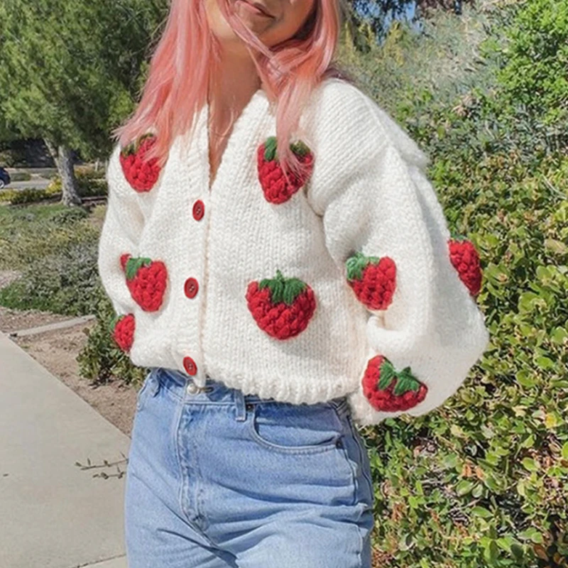 

Strawberry Long Sleeve Loose Kintted Cardigan Women Autumn Fashion Thicken Warm Sweater Streetwear Clothing