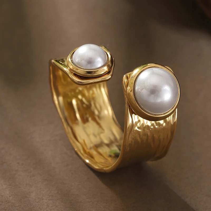 Huitan Irregular Imitation Pearl Opening Rings for Women Gold Color New Fashion Female Daily Finer Rings Modern Jewelry Gifts