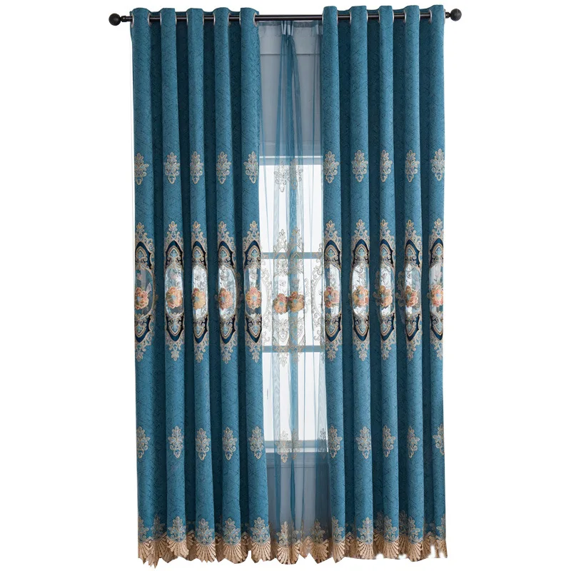 Luxury Chenille High Quality Blue Green Purple Curtains For Living Room Bedroom Study Room Gold Thread Embroidered Curtains