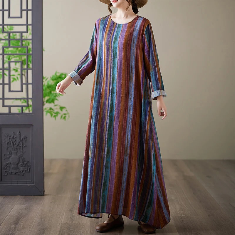 

Loose Fit Cotton Linen Print round Ne Long Sve plus Size Summer Dr Knee Length over Knee Ciwalk Casual Maxi Dr