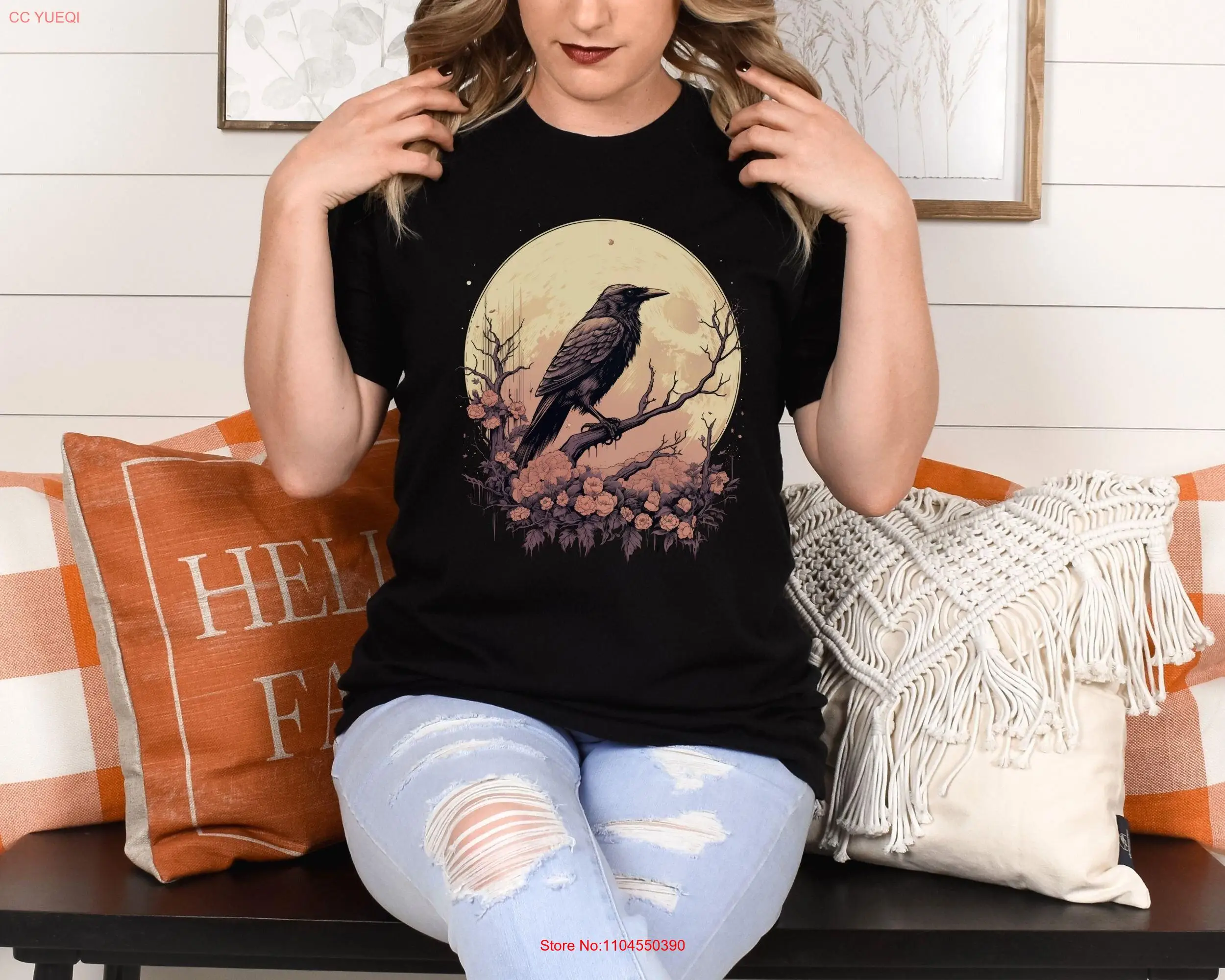 Whimsigoth Raven T Shirt Gothic Boho Crow Witchy Dark Academia Evermore Goblincore long or short sleeves