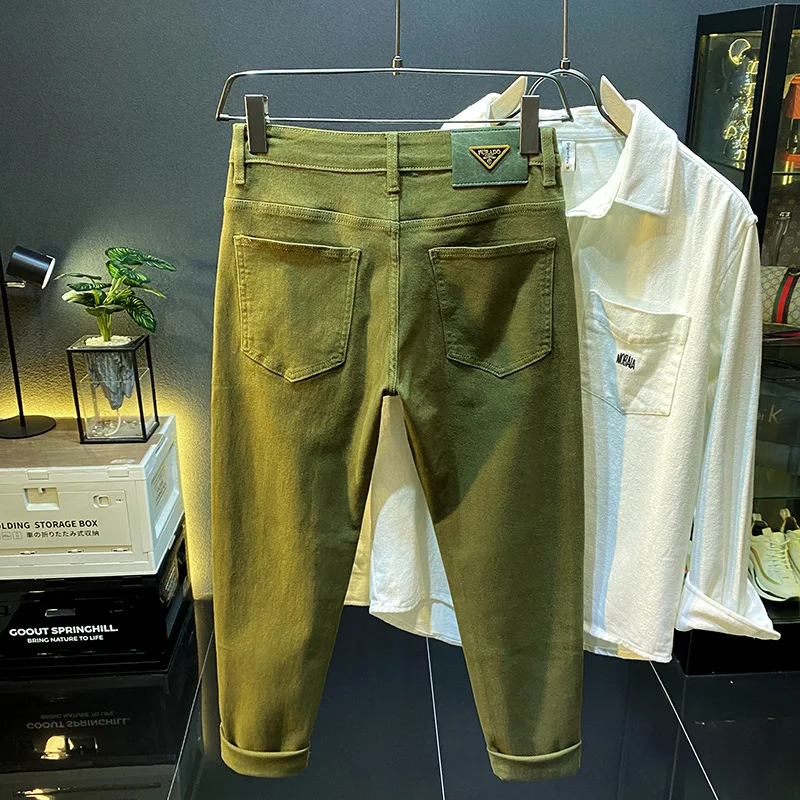 Pantalones vaqueros verdes retro de alta gama para hombre, jeans largos de lujo, ajustados, elásticos, informales, ligeros, otoño e invierno, 2024