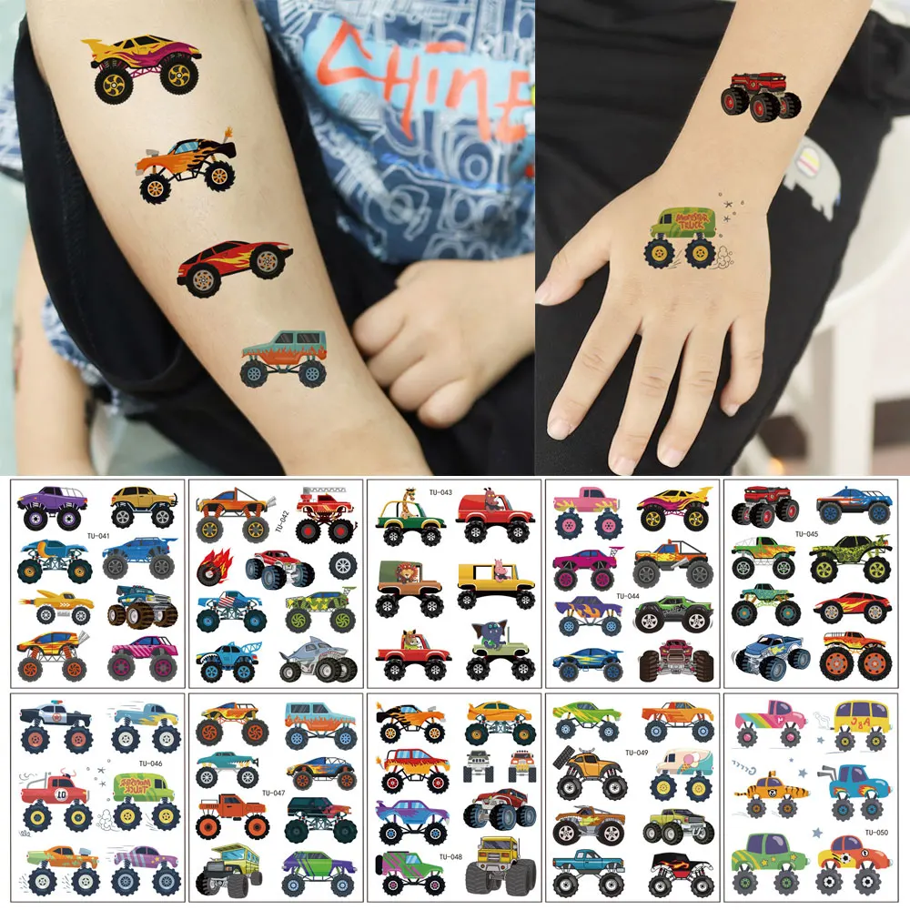 

10 листов/упаковка, временные татуировки для грузовика, автомобиля, водонепроницаемые милые мультяшные татуировки, наклейки для макияжа тела для мальчиков