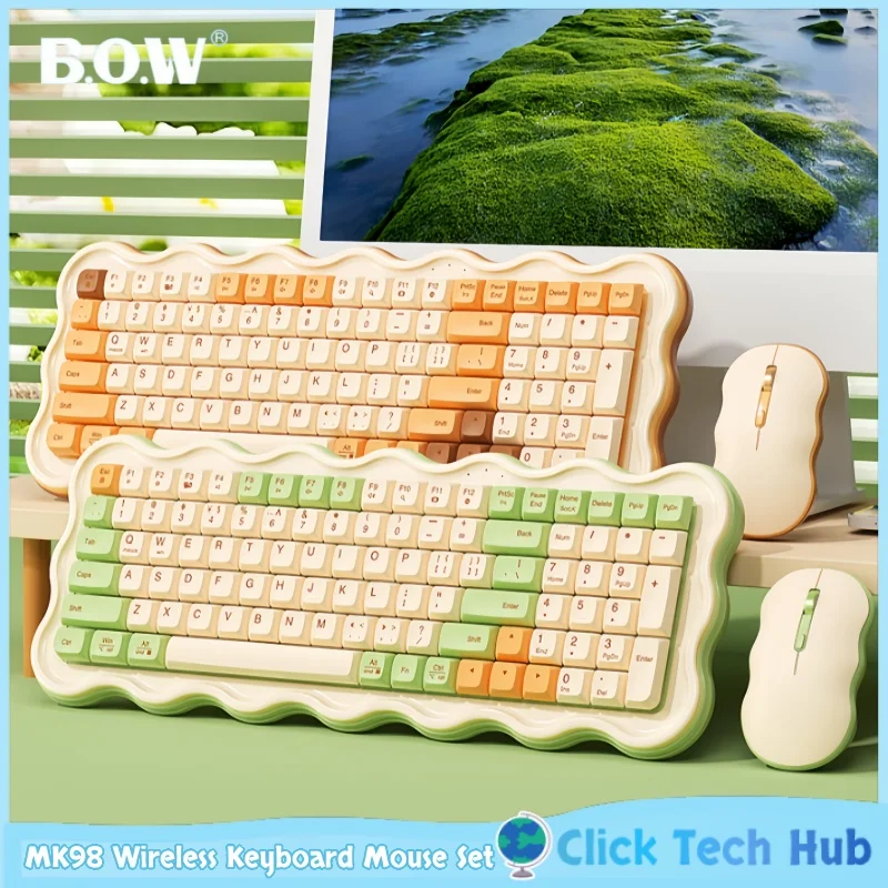 Bow Mk98 Wireless Keyboard And Mouse Set Biscuit Creative Design Mechanical Touch Female Office Game Notebook Light Sound Office