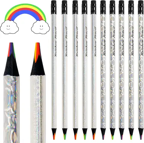 10 Rainbow Colored Pencils, 4 Colors in 1 Multicolor Triangle Pencil for Adults and Kids, Glitter Art Supplies Pre-sharpened