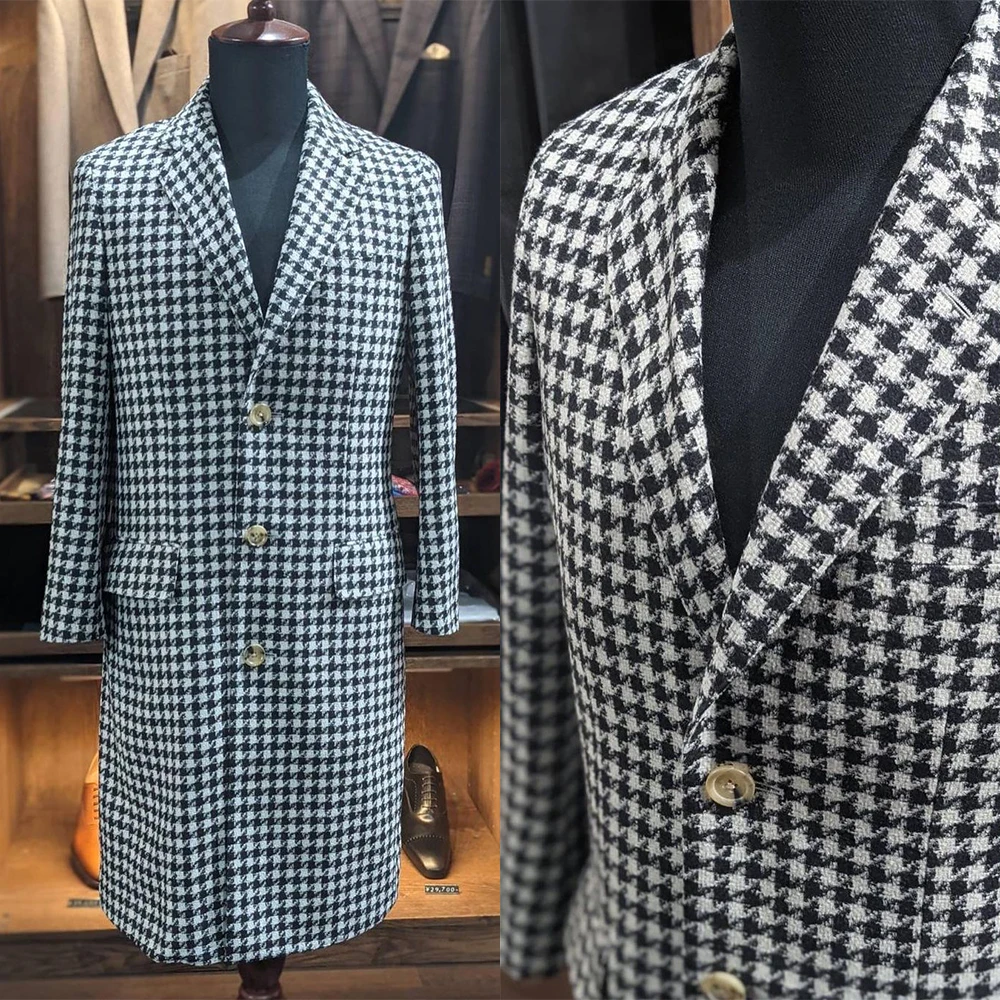 

Houndstooth Gentle Men Coat One Piece Blazer Overcoat Long Coat Single Breasted Wedding Formal Work Wear Party Causal Tailored