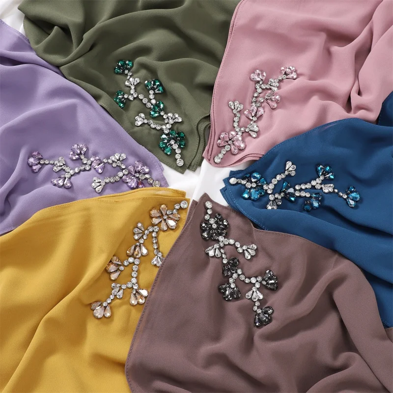 High Quality Heavy Industry Rhinestone-Encrusted Idsmay Scarf Luxury Handmade Cathetus Solid Color Pearl Chiffon Scarf