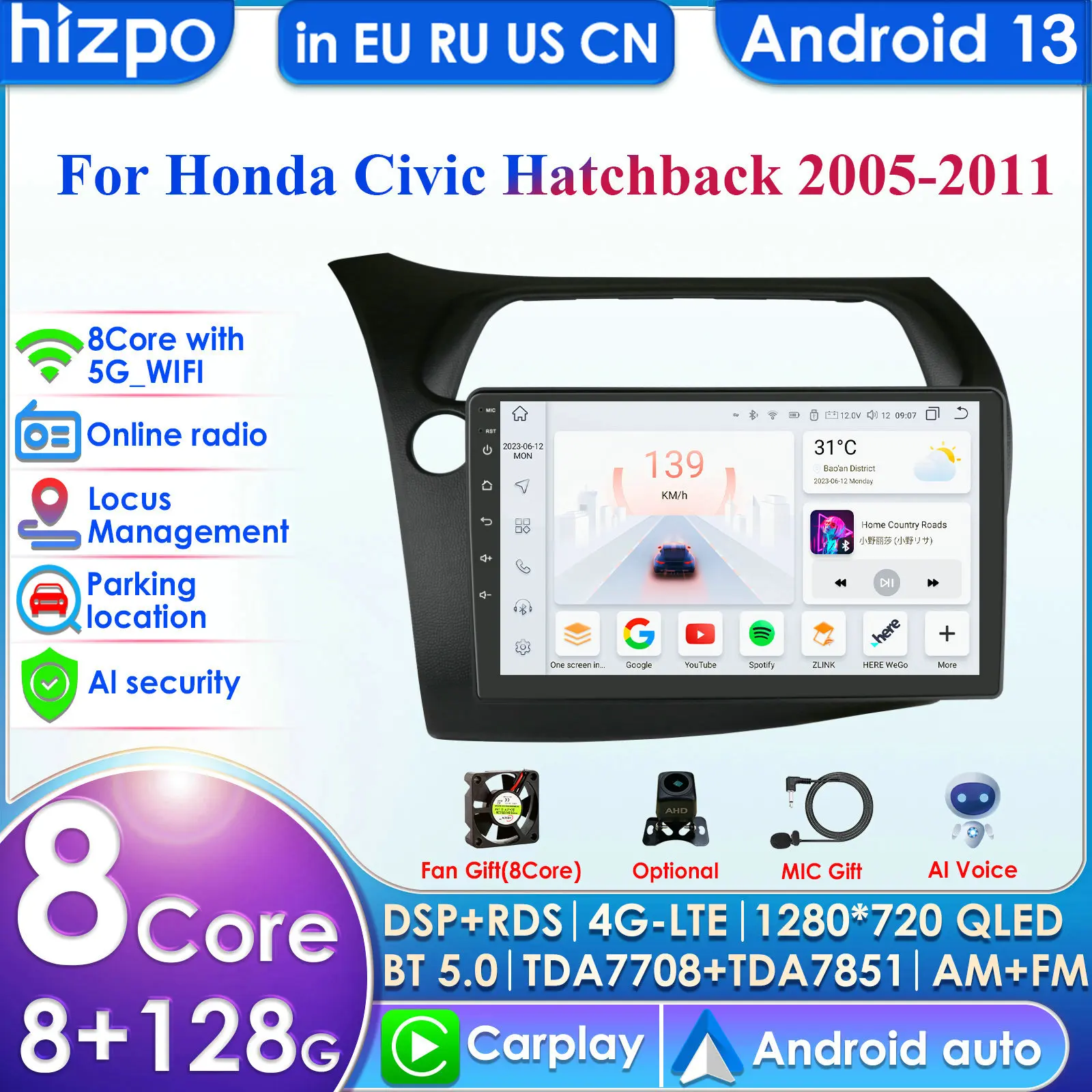 Hizpo Carplay 4G-LTE 9'' 8+128G 2din Android Car Radio for Honda Civic Hatchback 2005 - 2011 Multimedia Video Player Autoradio