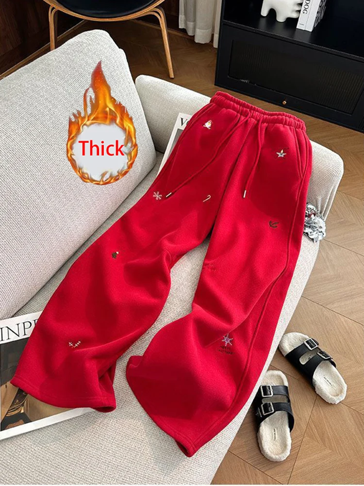 Winter Warm Thick Red Pant Women Cute Embroidery Vintage Sweet Trousers Loose High Waist Preppy Style Kawaii Wide Leg Pants New
