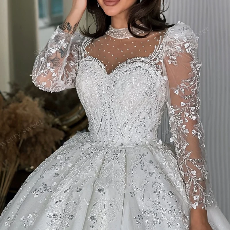 

High-Neck Weddingdress Luxury Organza With Embroidery Sequins Ballgown Full Sleeve Customized Bridedress Button Vestido De Novia