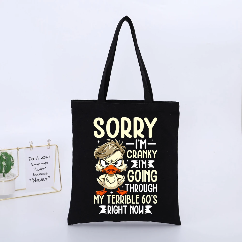Angry Duck Graphic Black Canvas Tote Bag with Slogan Print, Casual Style for Daily Shopping