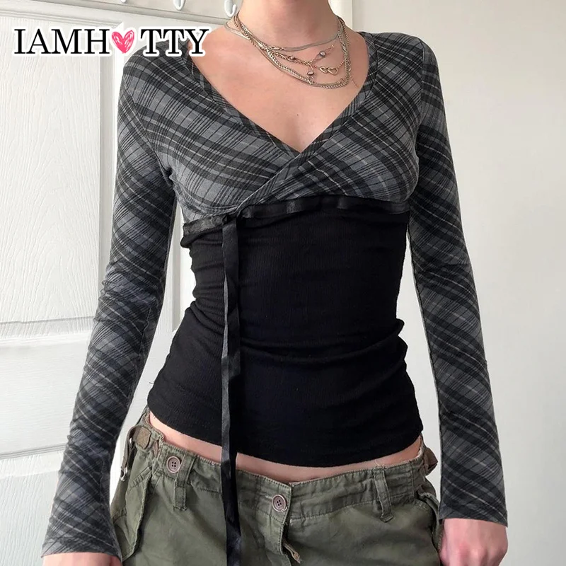 IAMHOTTY Plaid Contrast Color Patchwork Top England Style V-neck Long Sleeve T-shirt Coquette Aesthetic Tie-up Bow Waist Tees