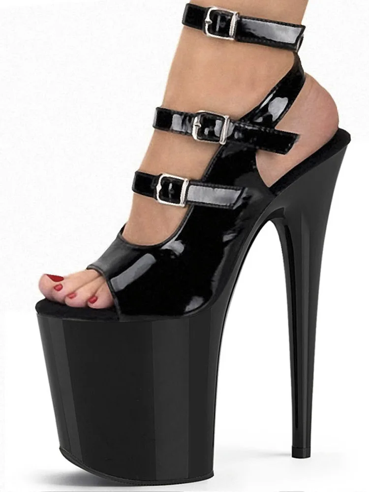 17cm Black Patent Leather Baking Paint Open Toe 8 Inch Sexy Party Models Stage Show Punk 20CM Props Fetish Stripper Heels Mature