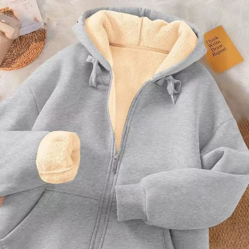 2026 Autumn Winter New plus Size Hooded Sweatshirt Women's Thickened Warm Lamb Velvet Jacket Loose Open Cardigan Coat