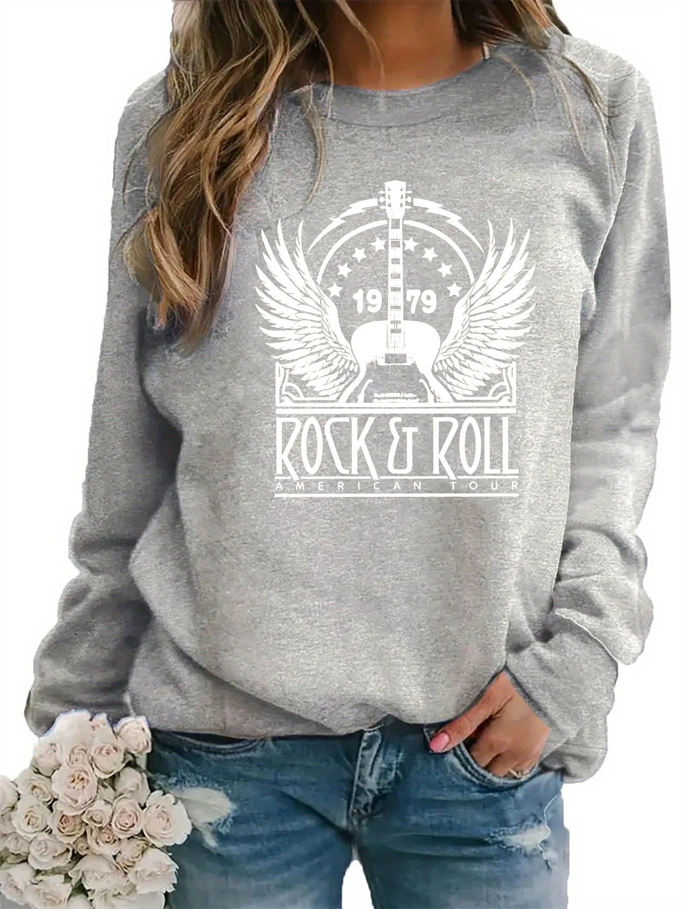 Jersey informal holgado y cómodo con estampado de ROCK ROLL para mujer, jersey de manga larga con cuello redondo, otoño e invierno