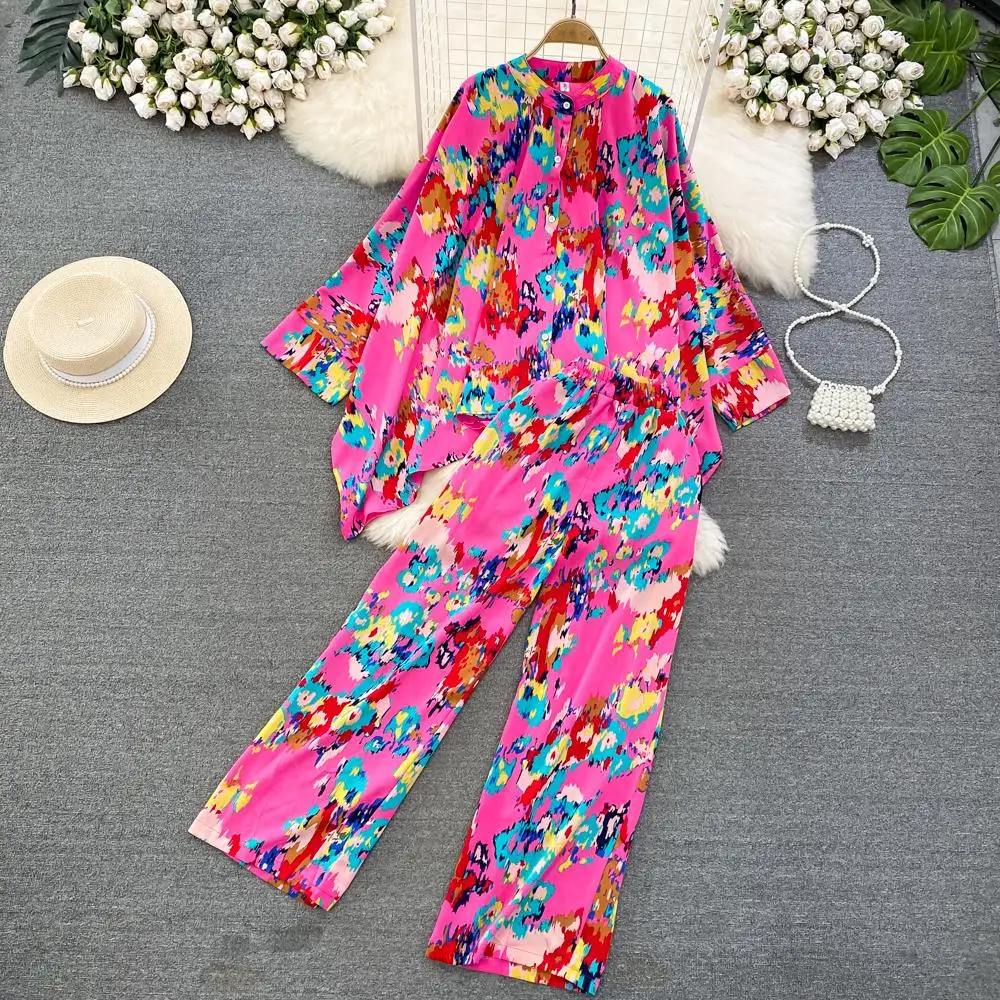 Imagem -02 - Moda Novas Mulheres Casual Loose Floral Calças Terno Boho Elegante Maxi Camisas Blusas Wide-leg Pantsuit Feminino Partido Duas Peças