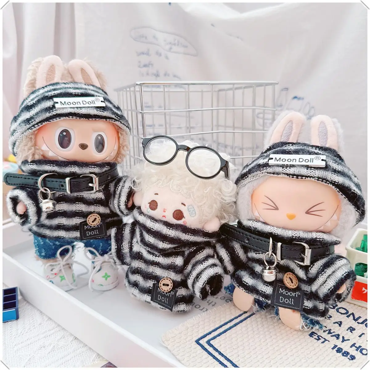 

10cm Kawaii Idol Doll DIY Clothes Set with Stripe Sweater Hat Leather Skirt Necklace Soft Toy Changing Game for Kids