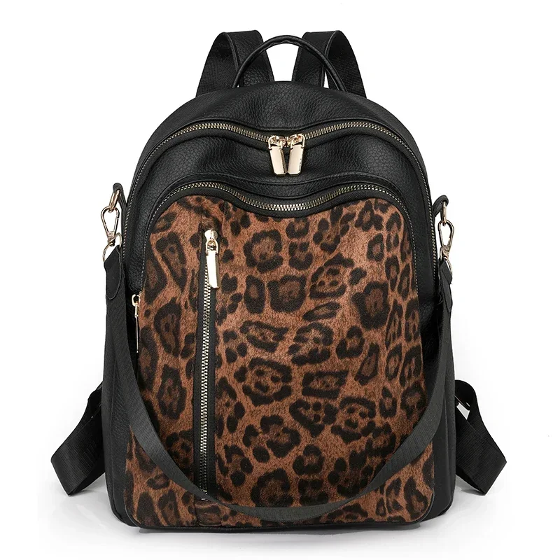 Mochilas de moda de PU con cremallera y estampado de leopardo, hilo de coser 2025, mochilas escolares clásicas simples y versátiles de gran capacidad para mujer