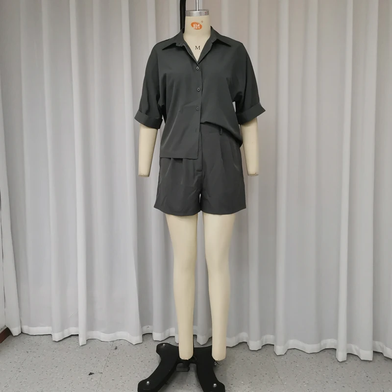 LIYONG Two Piece Set Women 2024 New Summer Casual Solid Lapel Half Sleeve Single Breasted Button Top Pleated Shorts Pants Sets
