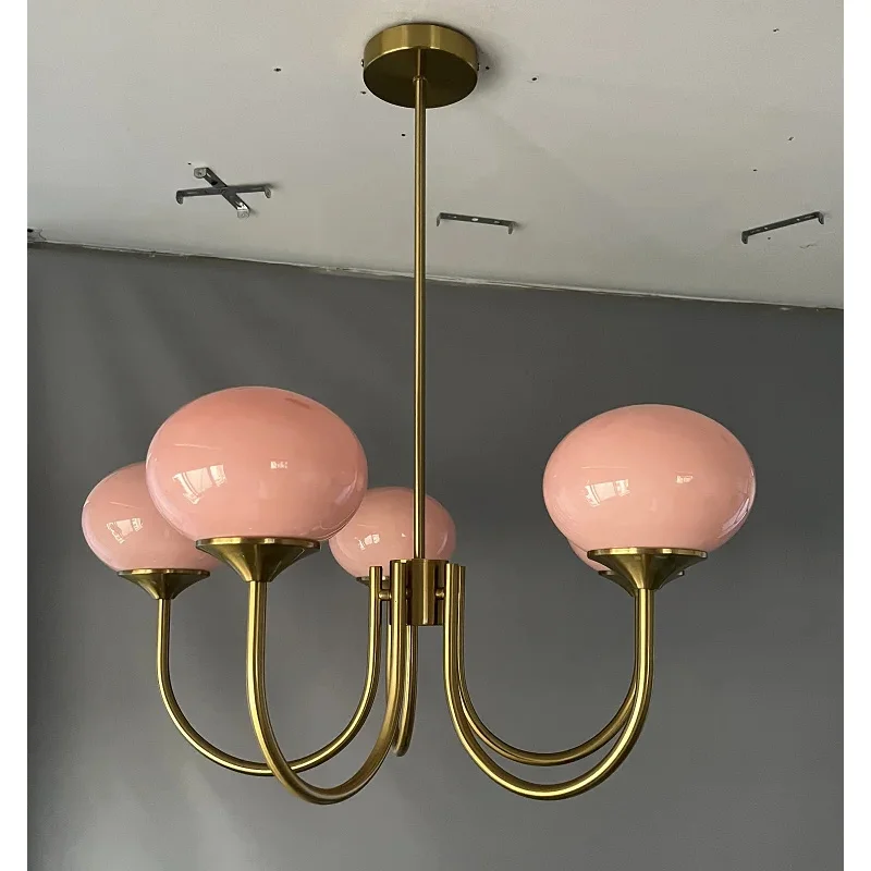 New French Simple Country Vintage Retro Pink White Glass Lovely Girl'S Living Room Bedroom Hotel  Pendant Lamp Chandelier