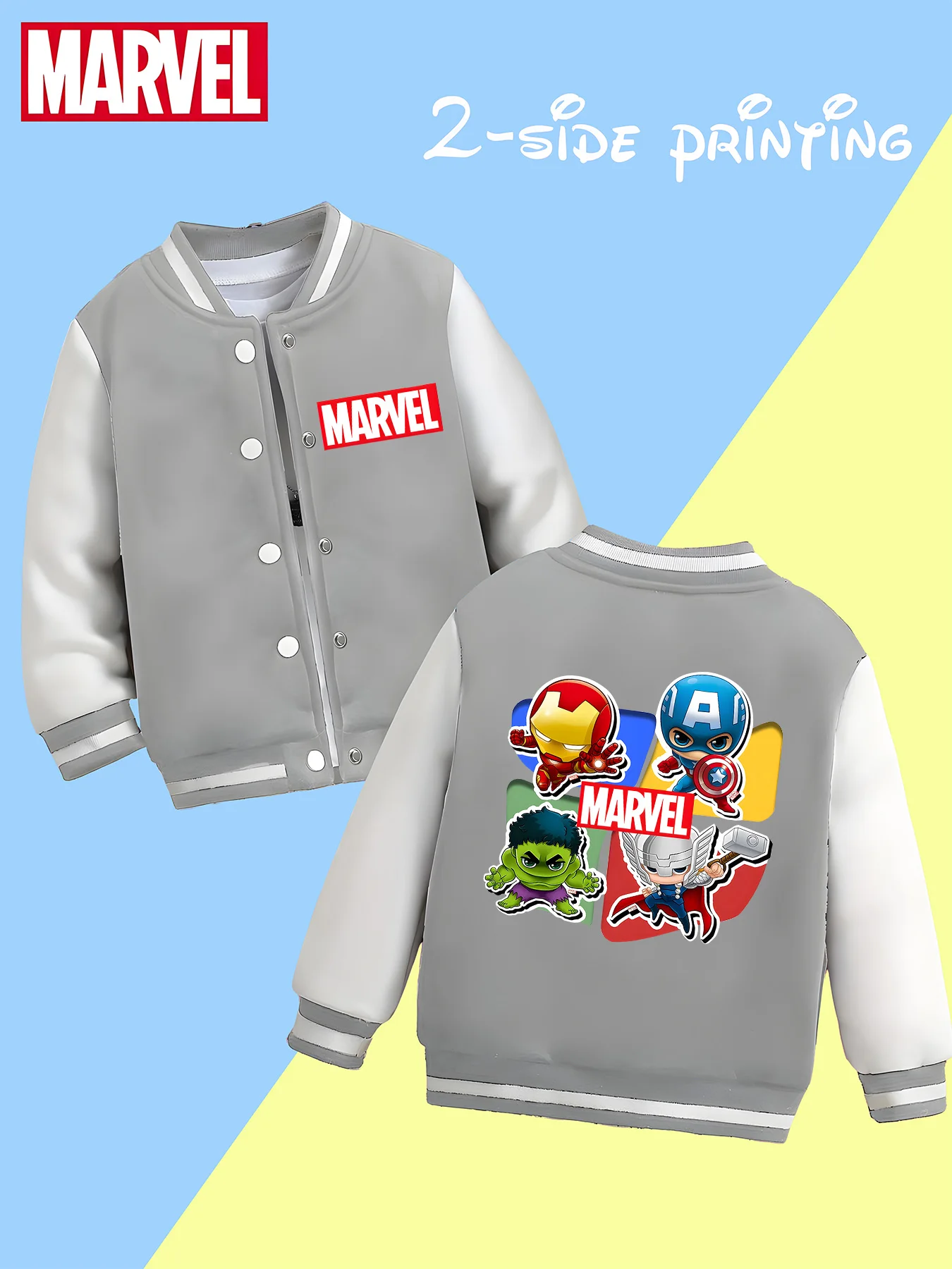 MINISO Marvel Boys Baseball Jacket - Kids Jacket with Avengers Hero Print, Double-sided Pattern Design, Soft and Comfortable Fab